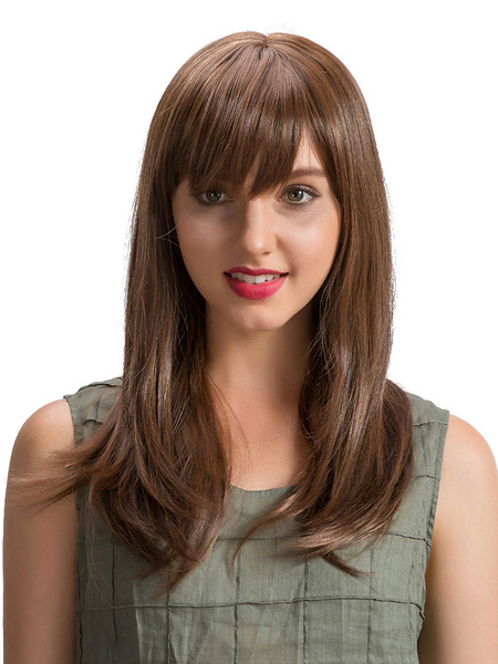 

Long Synthetic Wig Side Swept Bangs Layered Straight Women's Deep Brown Wigs