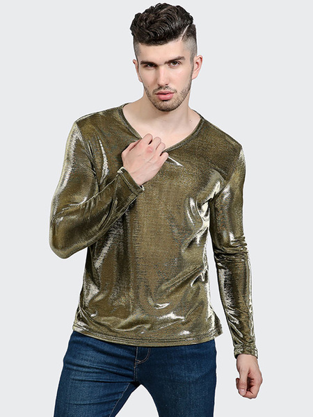 

Men T Shirt Casual Gold Round Toe Long Sleeve Top