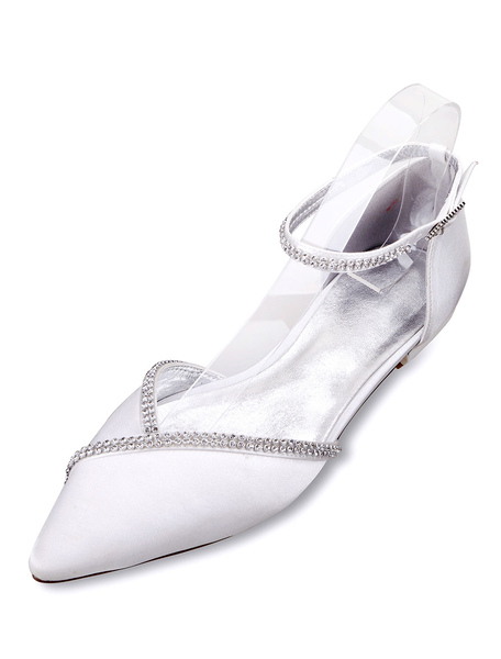 Milanoo White Wedding Shoes Satin Pointed Toe Rhinestones Ankle Strap Flat Bridal Shoes