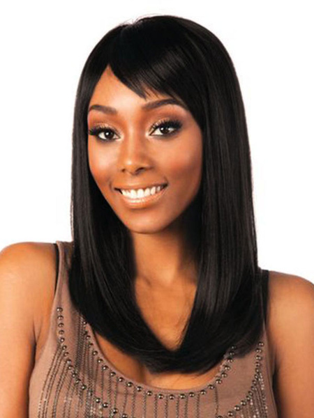 

African American Wigs Women's Black Straight Layered Long Human Hair Wigs With Side Bangs