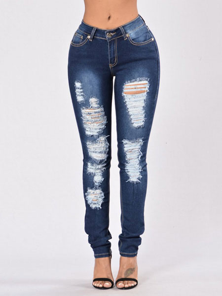 

Women's Denim Jeans Blue Skinny Ripped Long Jeans