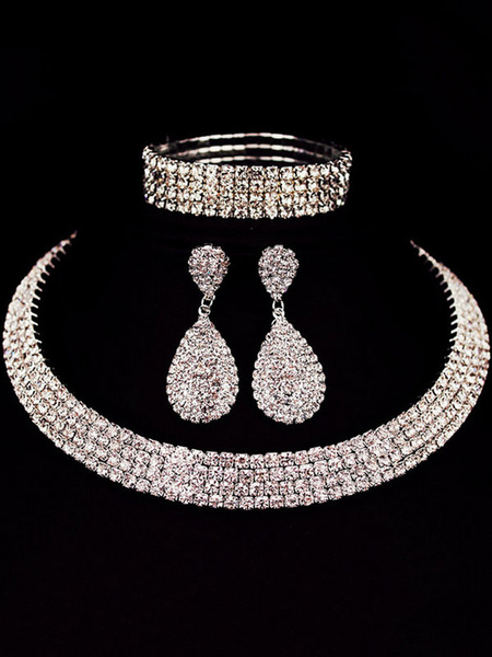 

Milanoo Luxurious Jewelry Set Silver Rhinestones Choker With Drop Earrings And Bracelet