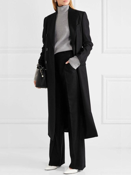 Image of Women Black Overcoat Long Sleeve Button Up Wool Black Peacoat