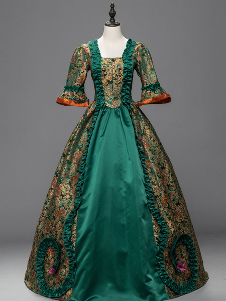 Milanoo Victorian Dress Costume Women's Green Baroque Costume Lace Ruffles Bell Half Sleeves Satin J