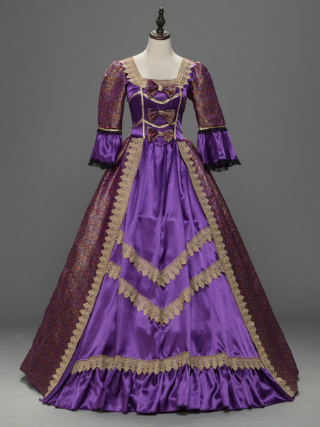 

Milanoo Purple Halloween Costume Victorian Era Lace Ruffles Bows Jacquard Long Party Dresses Hallowe