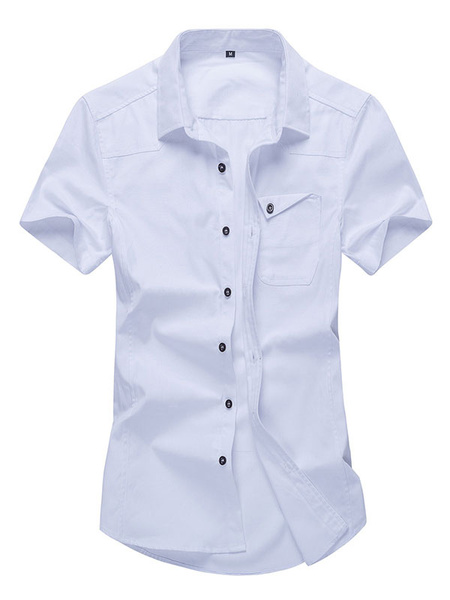 Image of Men's White Shirts Turndown Collar Short Sleeve Slim Fit Casual Shirt With Pockets