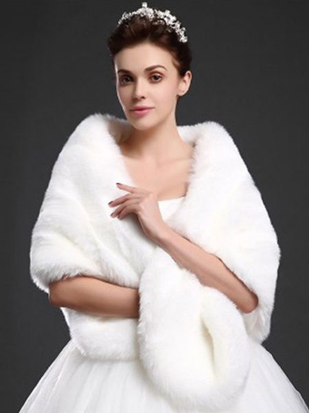 Milanoo Faux Fur Jacket Women White Wrap Shawl Winter Cover Ups