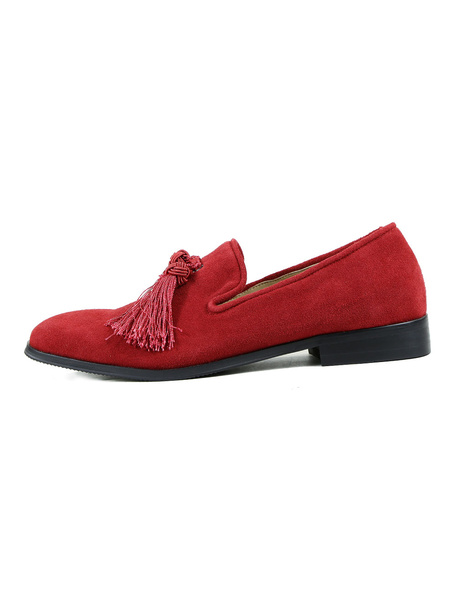 

Men's Red Loafers Leather Square Toe Slip On Flat Shoes With Tassels