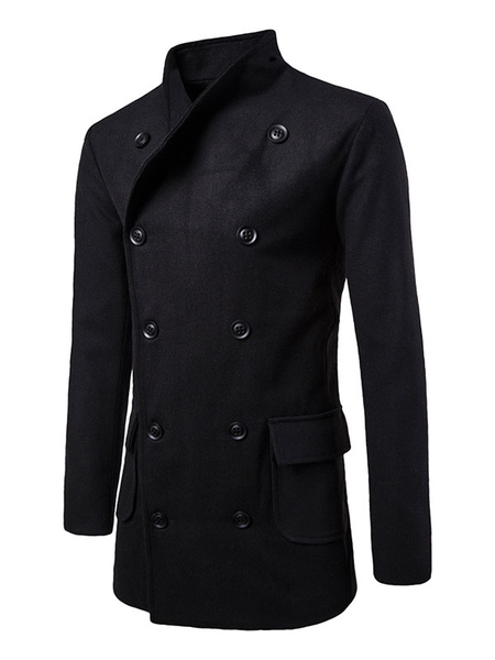 

Black Trench Coat Turndown Collar Long Sleeve Double Breasted Regular Fit Coat