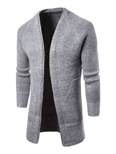 Image of Grey Men's Cardigan V Neck Long Sleeve Casual Knit Wear