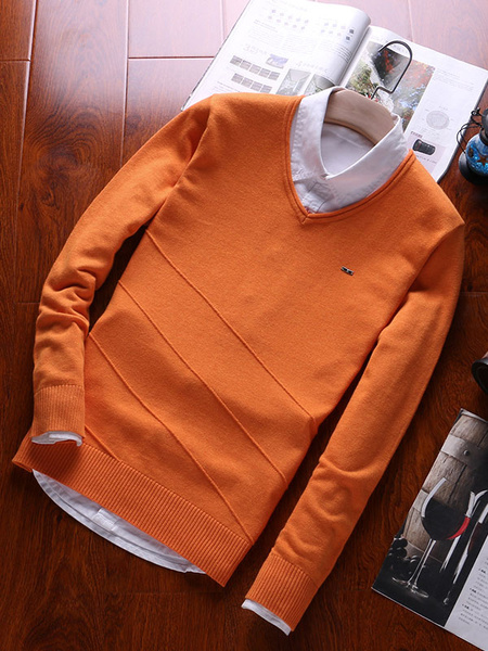Image of Orange Pullover Sweater V Neck Long Sleeve Men's Casual Top