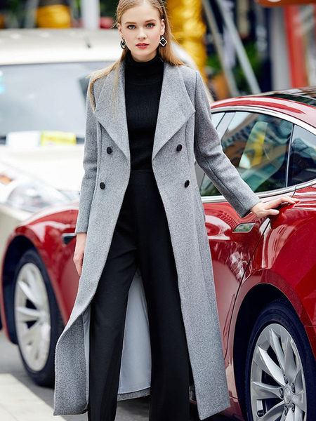 Milanoo Grey Pea Coat Long Sleeve Turndown Collar Shaping Women's Wool Coats