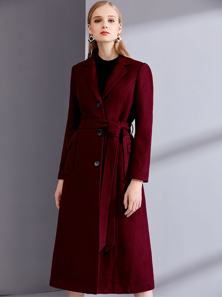 Milanoo Burgundy Winter Coat Long Sleeve Notch Collar Wool Wrap Coats For Women