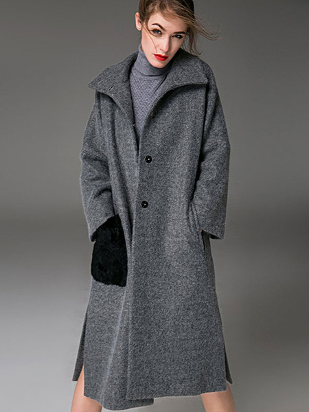 Milanoo Grey Winter Coat Long Sleeve Stand Collar Split Wool Wrap Coats For Women