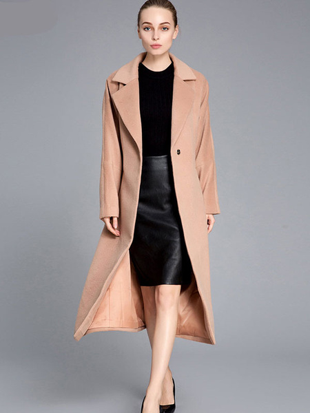Milanoo Women's Winter Coat Light Tan Long Sleeve Notch Collar Shaping Wool Wrap Coats