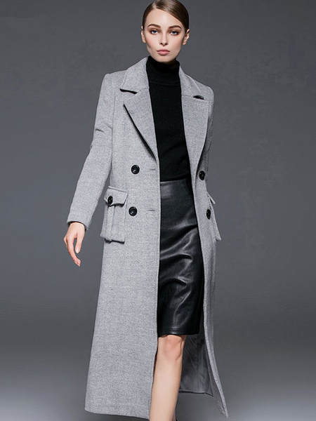 

Grey Pea Coat Notch Collar Long Sleeve Women's Wool Coats