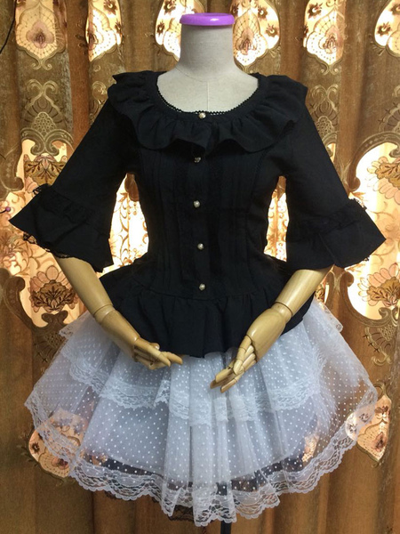 

Milanoo Gothic Lolita Blouses Round Neck Bell Sleeve Ruffles Chiffon Black Lolita Top, Black;white