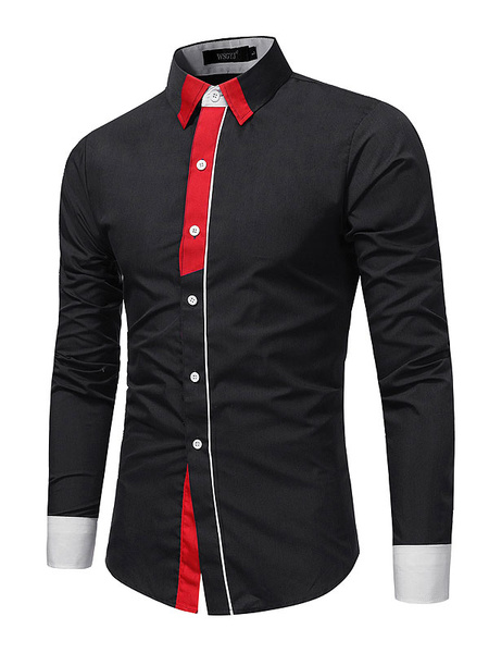 

Black Casual Shirt Long Sleeve Turndown Collar Two Tone Regular Fit Men's Shirts