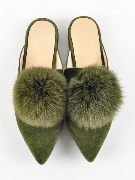 

Atrovirens Women's Mules Pointed Toe Faux Fur Pom Poms Detail Backless Flat Shoes