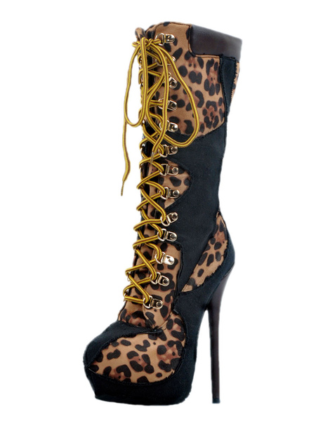 Milanoo Black Sexy Boots Women's Platform Leopard Printed Lace Up High Heel Boots