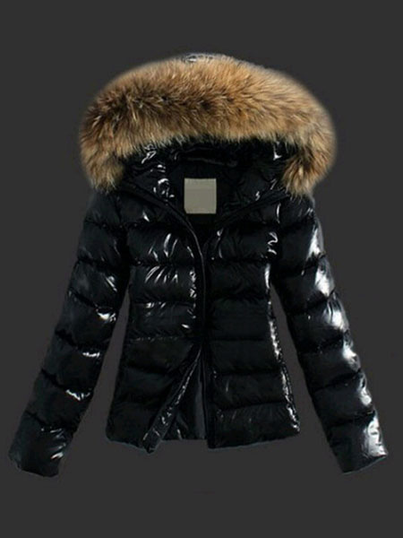 Image of Women Jacket Black Puffer Coat Faux Fur Hooded Long Sleeves Quilted Jacket For Winter