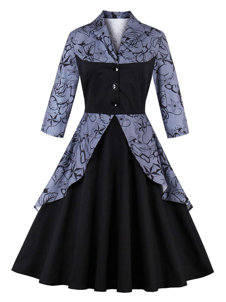 

Women's Vintage Dresses Long Sleeve V Neck Layered Printed Illusion Blue Midi Dress