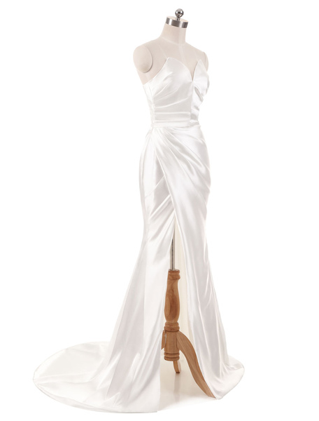Milanoo Ivory Wedding Dresses Strapless Mermaid Evening Dresses V Neck Sleeveless Split Beach Bridal
