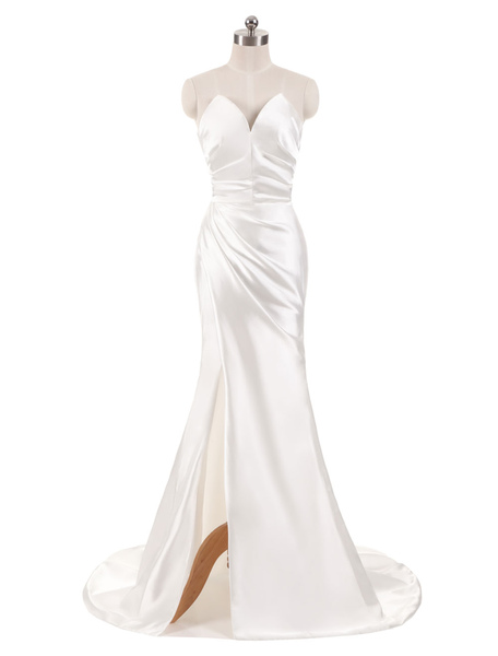 Milanoo Ivory Wedding Dresses Strapless Mermaid Evening Dresses V Neck Sleeveless Split Beach Bridal