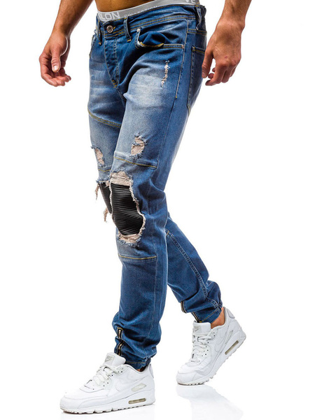 Image of Blue Denim Jeans Distressed Patchwork Straight Long Jeans For Men
