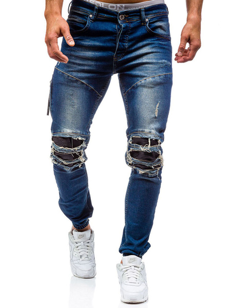 Image of Blue Denim Jeans Cowboy Straight Leg Long Ripped Jeans For Men