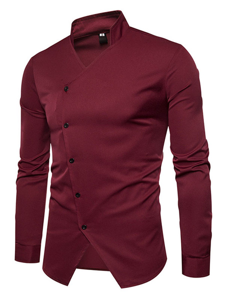 

Burgundy Men Shirt V Neck Long Sleeve Irregular Button Surplice Spring Shirt Casual
