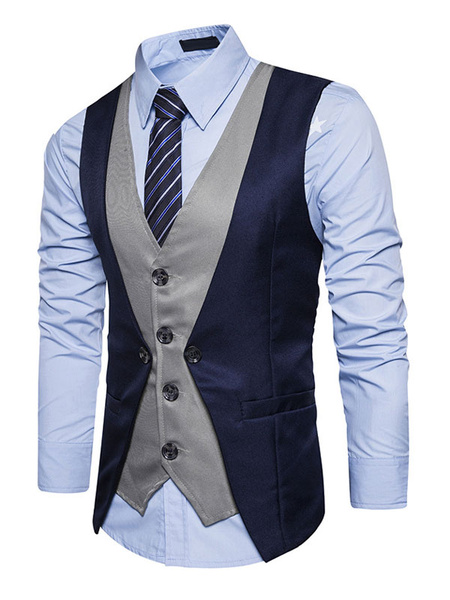 

Dark Navy Waistcoat V Neck Two Tone Fake Two Piece Style Men's Vest Suit