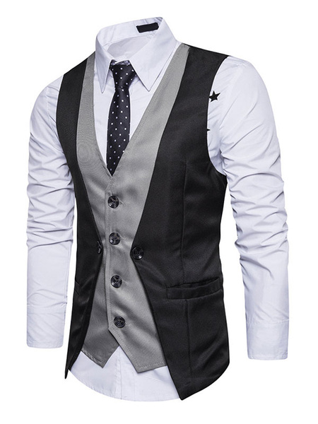 Image of Dark Navy Waistcoat V Neck Two Tone Fake Two Piece Style Men'S Vest Suit