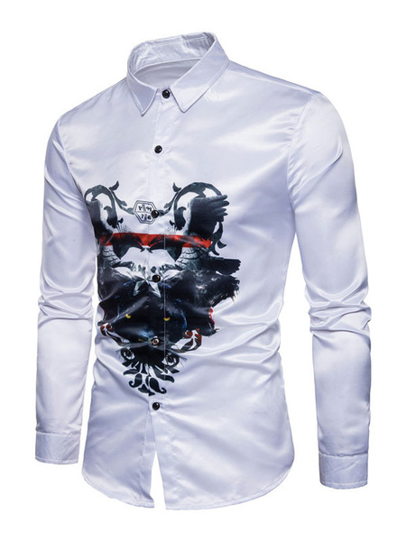 

White Casual Shirts Men's Turndown Collar Long Sleeve Printed Regular Fit Top