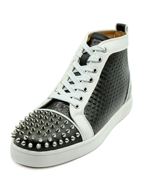 Image of Men's White Sneakers Round Toe Lace Up Rivets High Top Sneakers