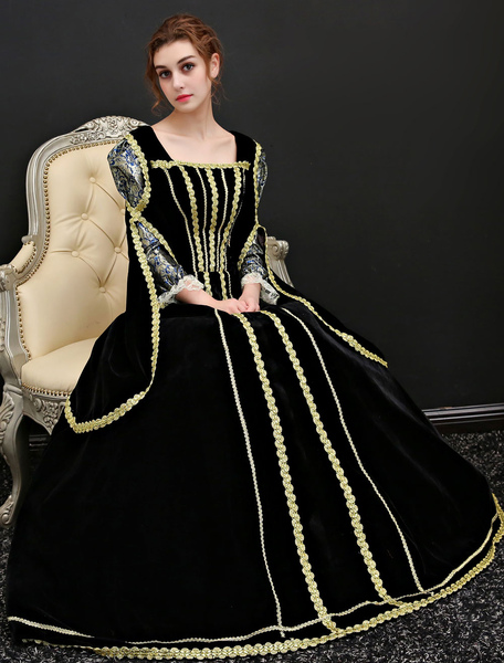 Milanoo Baroque Halloween Costume Women's Vintage Black Velour Long Dresses