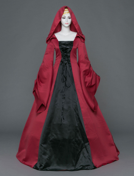 Image of Carnevale Costumi Retro per Donna rosso mattone in raso goticl maniche lunghe Halloween