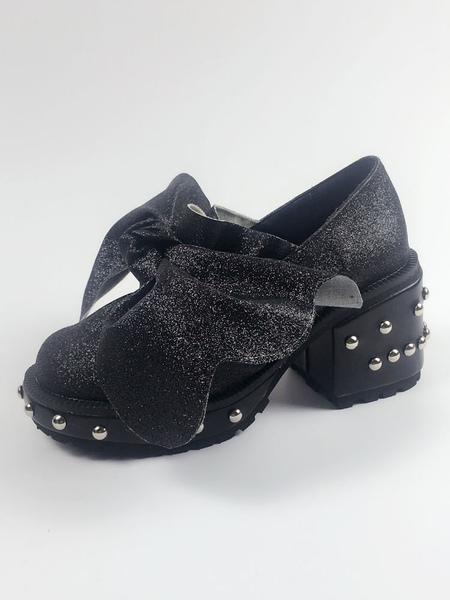 Milanoo Black Lolita Shoes Round Toe Puppy Heel Bows Rivets Lolita Pumps