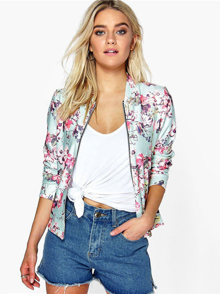 Image of Green Varsity Jacket Round Neck Long Sleeve Floral Print Short Jackets For Women