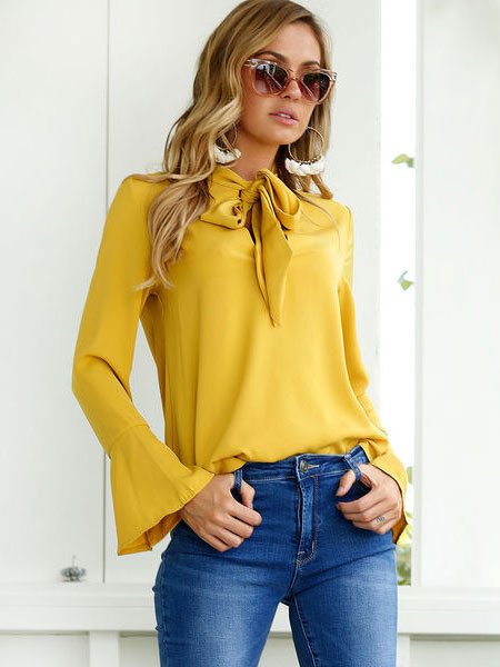 

Yellow Chiffon Blouses Bell Sleeve Bows Sexy Top For Women