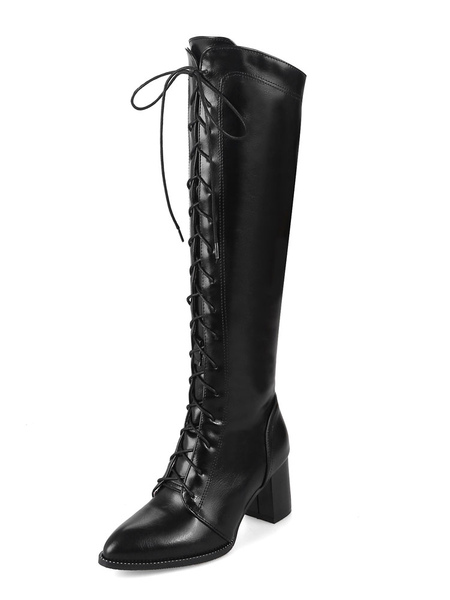 Milanoo Knee High Boots Womens Solid Color Lace Up Pointed Toe Chunky Heel Boots