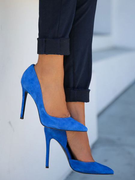 Milanoo Women's Blue High Heels Suede Pointed Toe Stiletto Heel Pumps