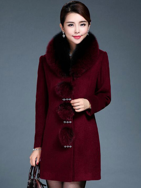 

Women Winter Coat Burgundy Faux Fur High Collar Long Sleeve Coat