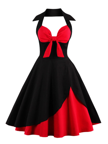 Image of Red And Black Sexy Knot V Neck Halter Party Vintage Dress Women Pin Up Fit And Flare Layered Elegant Midi Dresses