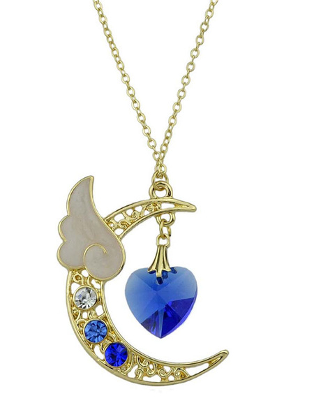 

Blue Pendant Necklace Sweetheart Gems Rhinestones Angle Wing Design Women's New Moon Necklace