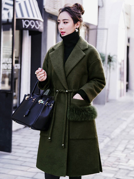 

Women Winter Coat Long Sleeve Notch Collar Drawstring Hunter Green Tweed Wrap Coat