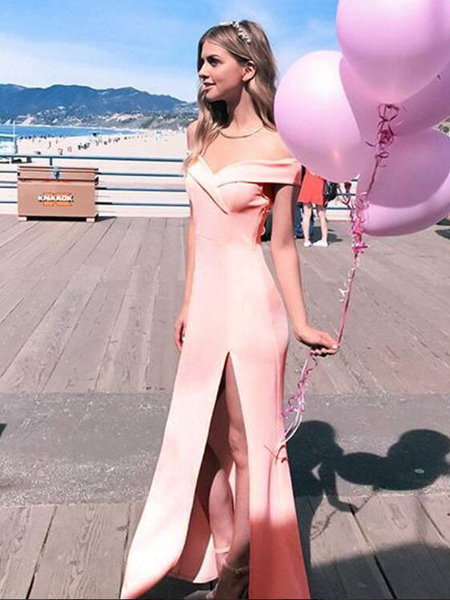 Women Maxi Dress Off Shoulder Split Pink Women Long Prom Dress