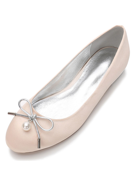 

Champagne Wedding Shoes Flat Pearls Bows Round Toe Bridesmaid Shoes