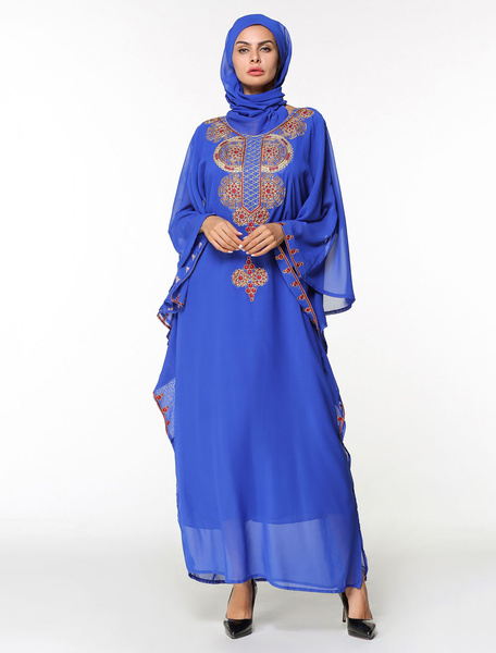 

Kaftan Dress Women Blue Chiffon Long Sleeve Oversized Jalabiya Dress With Headband