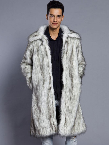 Faux Fur Coat White Long Sleeve Turndown Collar Men Winter Coat